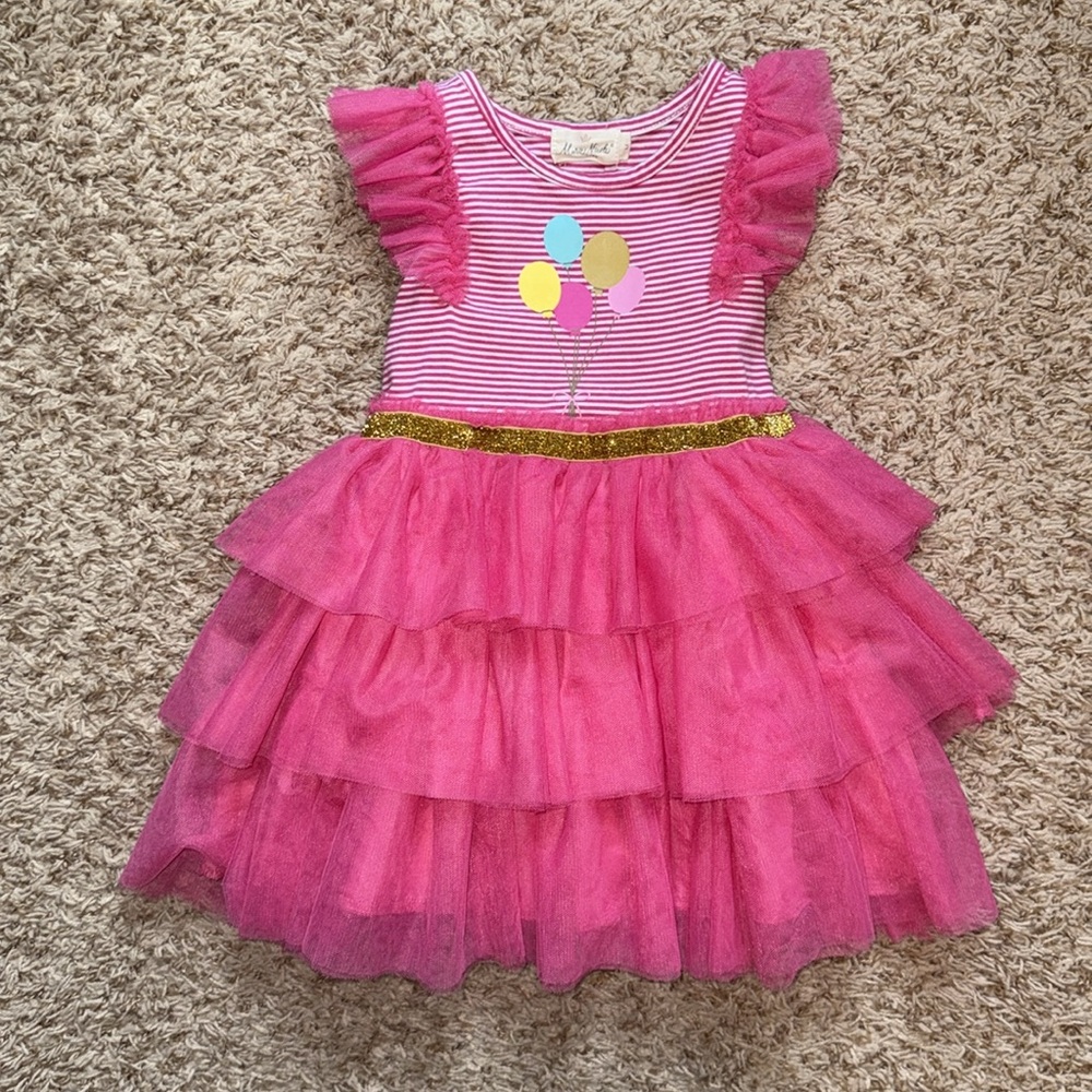 Size 4t Hot Pink Birthday Balloons Tiered Tulle Dress. By Marie Nicole Clothing
